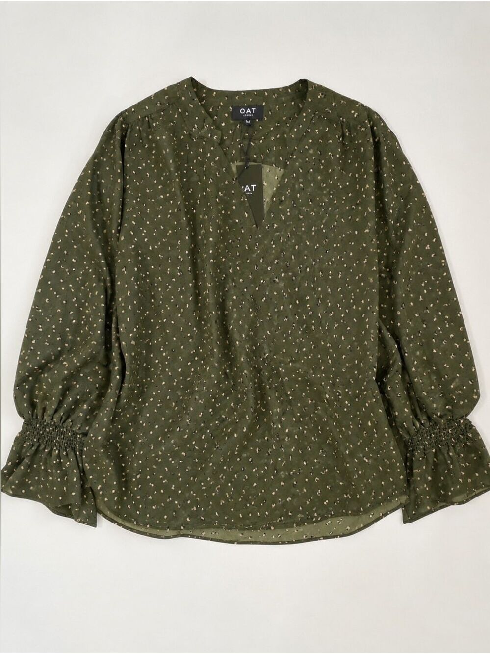 OAT New York Olive Green Faux Wrap Blouse M NWT